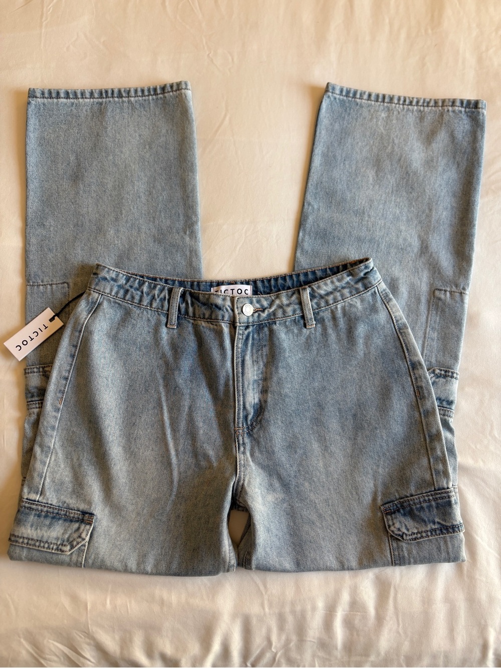 Tic Toc NWT Light Wash Cargo High Waist Straight Leg Jeans Acid Wash Streetwear